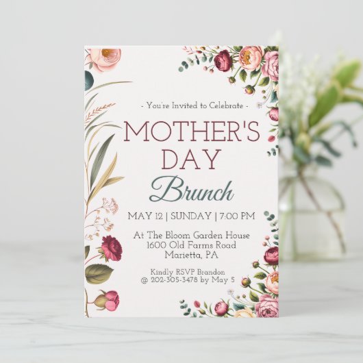 Botanischer Floraler Muttertagsbrunch Einladung (Stehend Vorderseite)