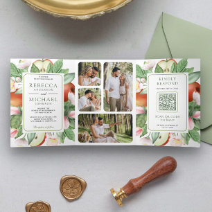 Botanischer Floraler Roter Apfel Obstgarten QR Cod Dreifach Gefaltete Einladung