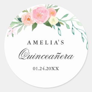 Botanischer Floraler Wasserfarben-Quinceanera-Aufk Runder Aufkleber