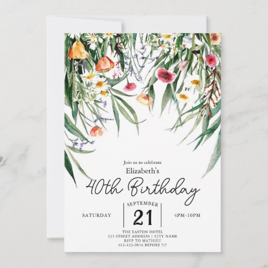 Botanischer Frühling Wildblumen 40. Geburtstag Einladung (Vorderseite)