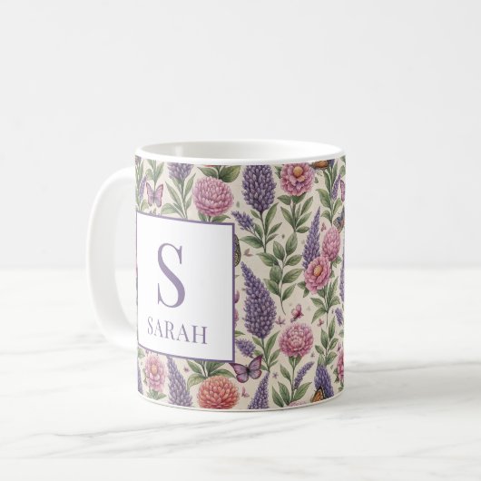 Botanischer Garten Florales Monogramm Lavendel Kaffeetasse (Vorderseite Links)
