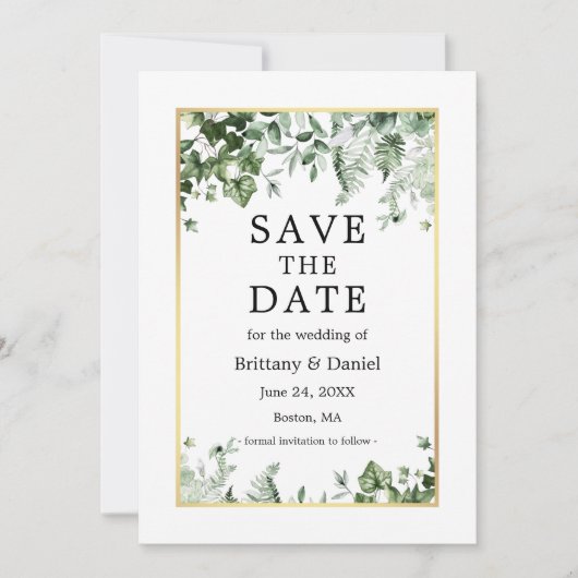 Botanischer Garten Ivy Ferns Sage Green Gold Save The Date (Vorderseite)