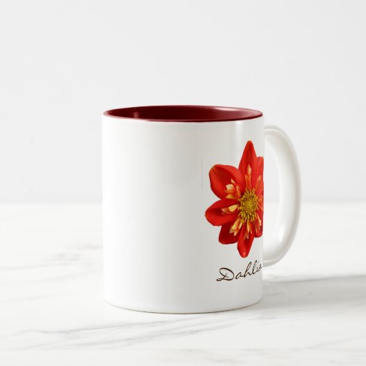 Botanischer Garten-orange Dahlie-Blume Zweifarbige Tasse (VorderseiteRechts)