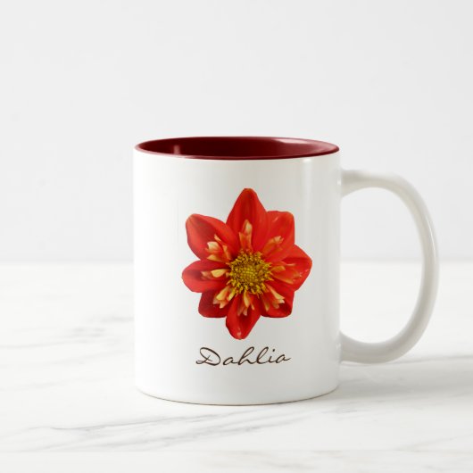 Botanischer Garten-orange Dahlie-Blume Zweifarbige Tasse (Rechts)