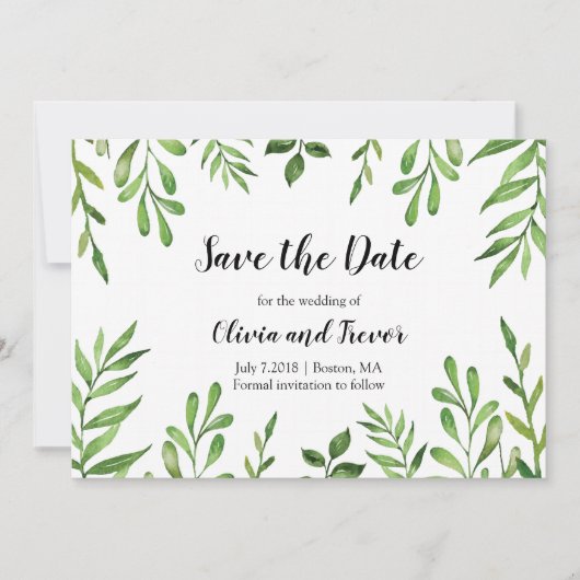 Botanischer Garten Wasserfarben Blätter Grüne Save The Date (Vorderseite)
