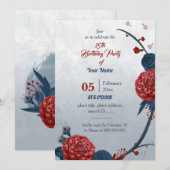 Botanischer Geburtstag der Blume Marine & Bordeaux Einladung (Vorne/Hinten)