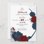 Botanischer Geburtstag der eleganten Marine & Rote Einladung (Vorderseite)