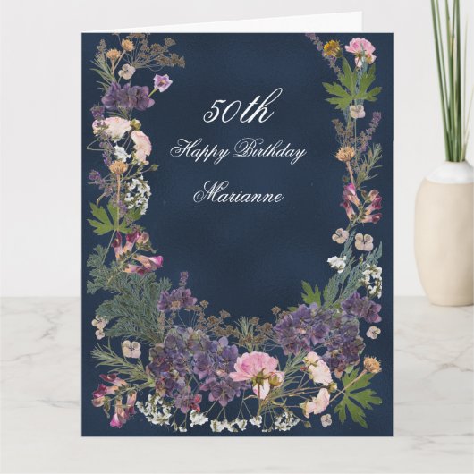 Botanischer Geburtstag, Floral, Moody Navy Blue Karte (Vorderseite)