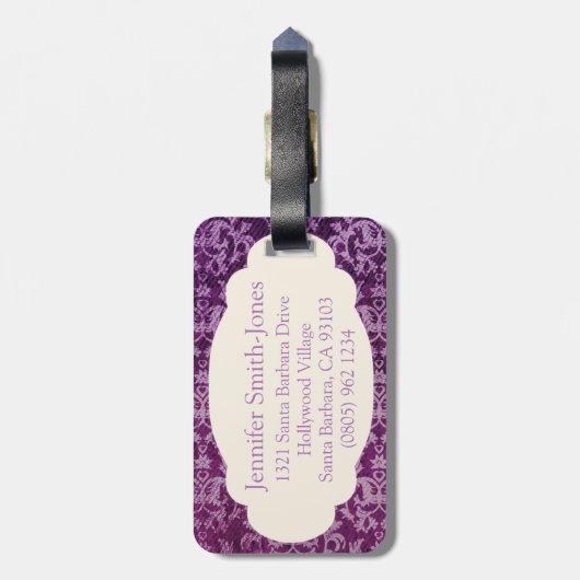 Botanischer gemusterter lila und cremiger gepäckanhänger (Rückseite vertikal)