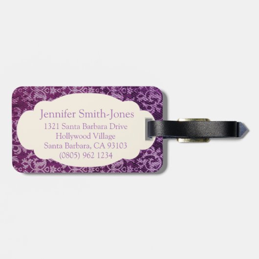 Botanischer gemusterter lila und cremiger gepäckanhänger (Rückseite horizontal)