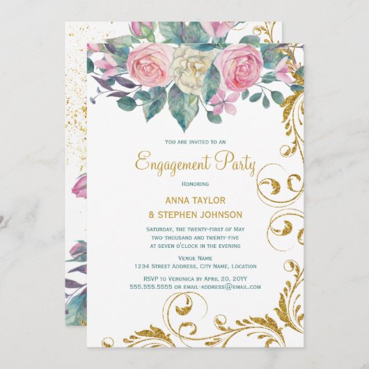 botanischer Gold Glitzer Wirbel Engagement Party Einladung (Vorne/Hinten)