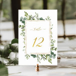 Botanischer Green Wedding Gold Glitzer Nummer 12, Tischnummer<br><div class="desc">Tabelle 12. Bitte Karo alle verfügbaren Nummern. | Diese Hochzeitsfeier Tischnummer zeigt gemalte Aquarell Eukalyptus Grünpflanzen und grüne Blätter mit einem Imitat Gold Glitzer rechteckigen Rahmen,  Text,  und Zahl. Für eine weiter gehende Anpassung dieses Designs klicken Sie bitte auf den BUTTON BLAU DESIGN TOOL oben!</div>