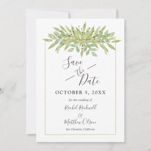 Botanischer grüner Foliage Hochzeit Sichern Sie di Save The Date (Vorderseite)