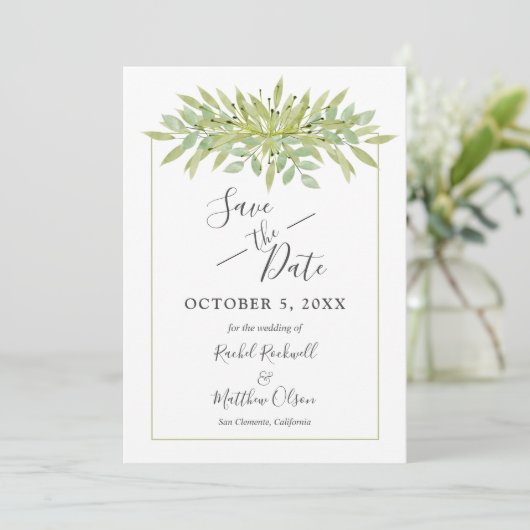Botanischer grüner Foliage Hochzeit Sichern Sie di Save The Date (Stehend Vorderseite)