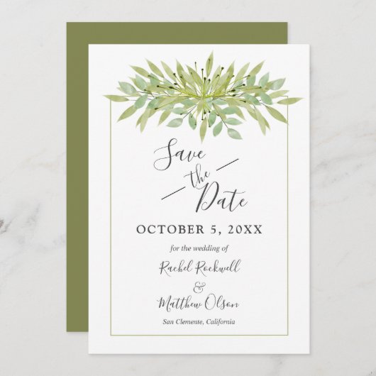 Botanischer grüner Foliage Hochzeit Sichern Sie di Save The Date (Vorne/Hinten)