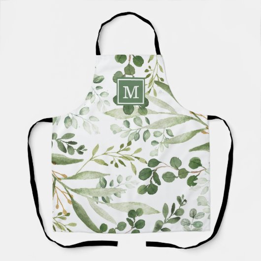 Botanischer Grüner Monogramm für elegante Wasserfa Schürze (Vorderseite)