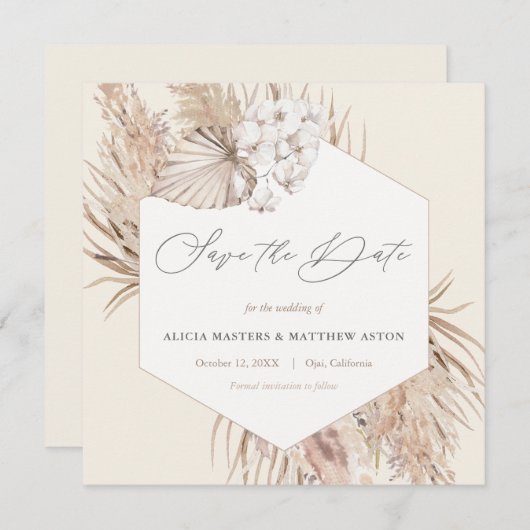 Botanischer Hexagon mit Pampas-Gras Save the Date (Vorne/Hinten)