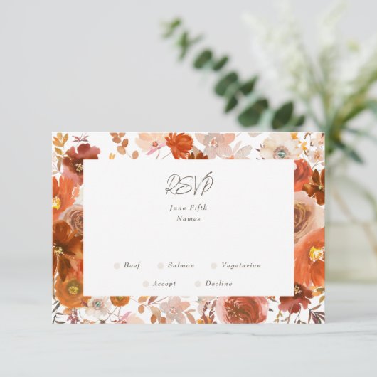 Botanischer Hochzeitsrahmen aus weißem grauem Kupf RSVP Karte (Stehend Vorderseite)