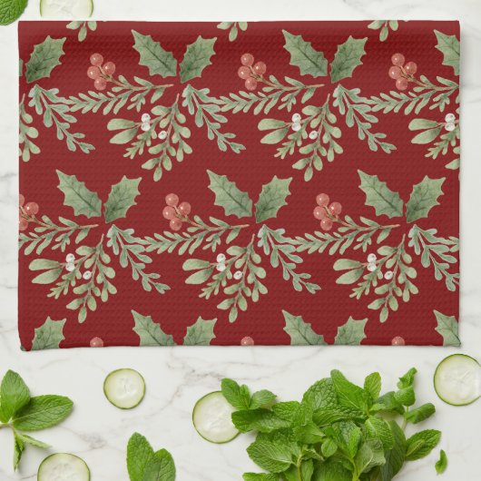 Botanischer Holiday Red Holly Berries Grüne Geschirrtuch (Gefaltet)