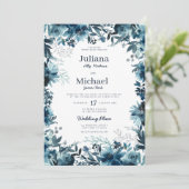 Botanischer indigofarbener Blumenrahmen Hochzeit Einladung (Stehend Vorderseite)
