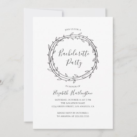 Botanischer Junggeselinnen-Abschied. Schwarz und W Einladung (Vorderseite)