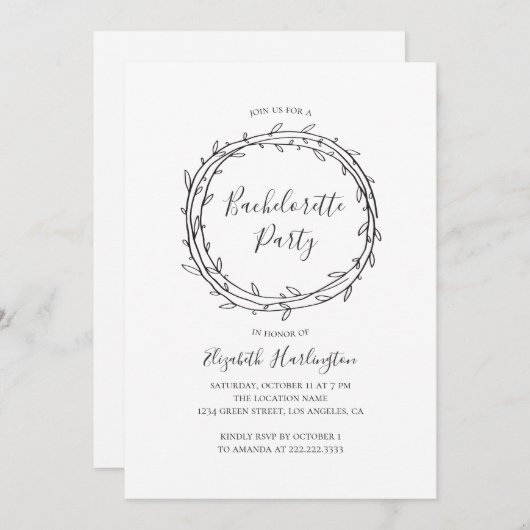 Botanischer Junggeselinnen-Abschied. Schwarz und W Einladung (Vorne/Hinten)