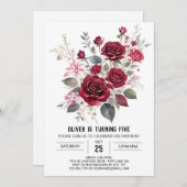 Botanischer Kinderburgund-Flora Geburtstag Einladung (Vorne/Hinten)