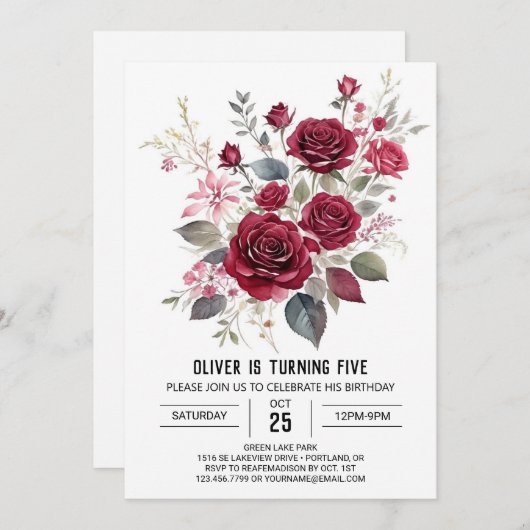 Botanischer Kinderburgund-Flora Geburtstag Einladung (Vorne/Hinten)