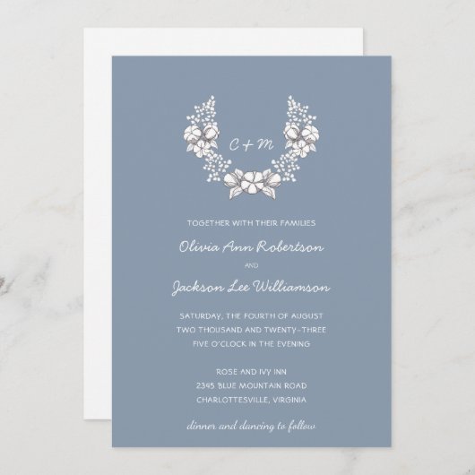 Botanischer Kranz | Dusty Blue Floral Wedding Einladung (Vorne/Hinten)