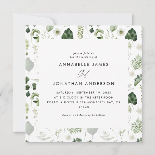 Botanischer Kranz elegante moderne delikate Hochze Einladung (Rückseite)