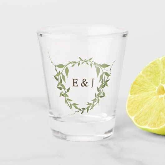 Botanischer Kranz Erdtöne Hochzeit Schnapsglas (Vorderseite)