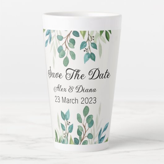 Botanischer Kranz-Grünplatz Save the Date Milchtasse (Vorderseite)