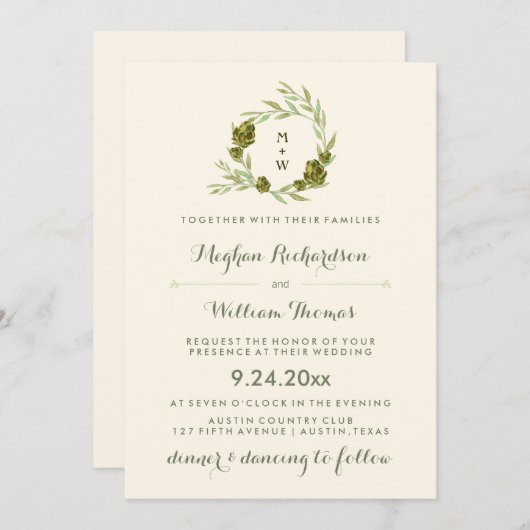 Botanischer Kranz mit Blätter und Artichokes Einladung (Vorne/Hinten)