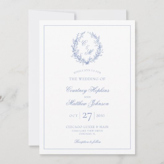 Botanischer Kranz mit dunkelblauer Monogramm Einladung (Vorderseite)