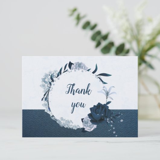 Botanischer Kranz mit eleganten marineblauen und s Dankeskarte (Stehend Vorderseite)