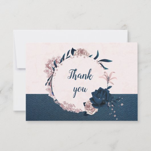 Botanischer Kranz mit eleganter Marine- und staubi Dankeskarte (Vorderseite)
