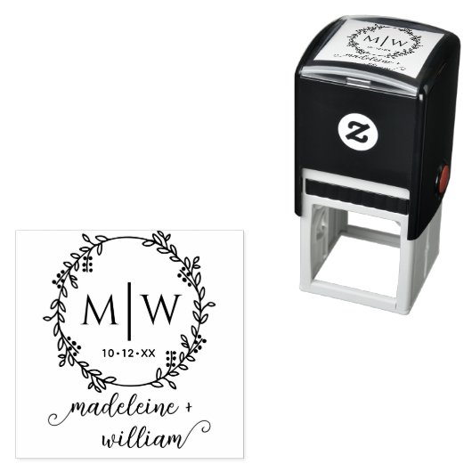 Botanischer Kranz mit zwei Initnamen Hochzeitsmono Permastempel (Beispiel)