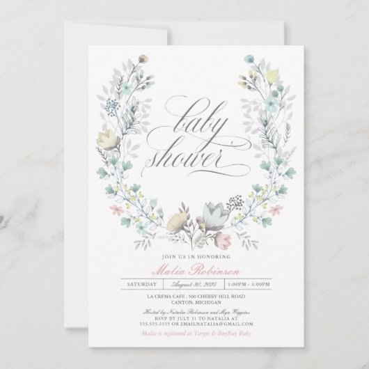 Botanischer Kranz | Neutral des Geschlechts | Baby Einladung (Vorderseite)