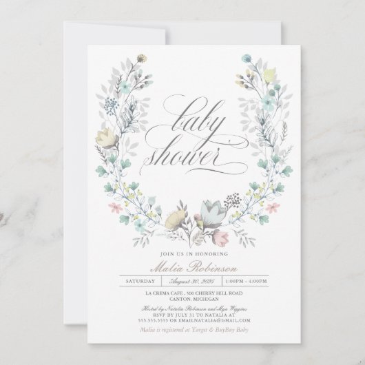 Botanischer Kranz | Neutral des Geschlechts | Baby Einladung (Vorderseite)
