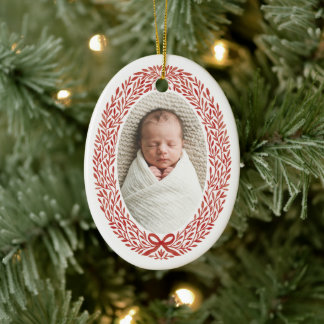 Botanischer Kranz Schleife Baby Weihnachten Foto Keramik Ornament