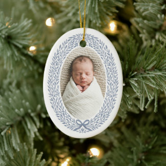 Botanischer Kranz Schleife Baby Weihnachten Foto Keramik Ornament