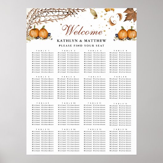 Botanischer Kürbis Herbst Hochzeit 16 Tischsitze Poster (Vorne)