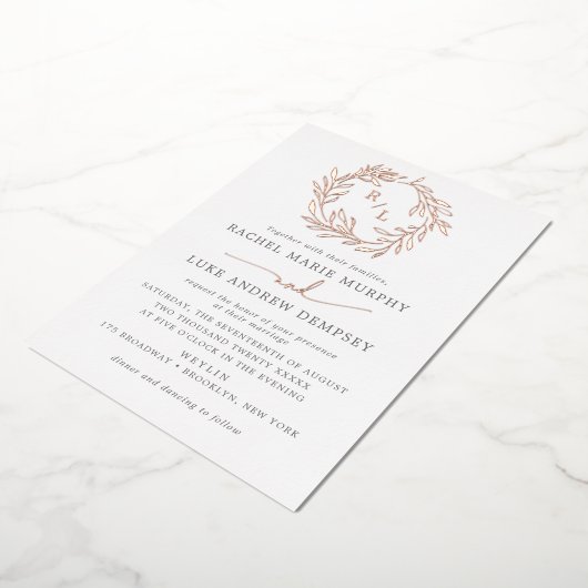 Botanischer Laurel Leaf Wreath Wedding Monogram Fo Folieneinladung (Gedreht)