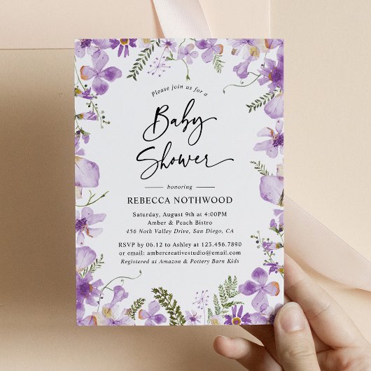 Botanischer Lavender Lilac Florals Baby Dusche Einladung