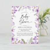 Botanischer Lavender Lilac Florals Baby Dusche Einladung (Stehend Vorderseite)