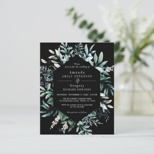 Botanischer Leafy-Hochzeitschwarz-Einladung (Stehend Vorderseite)