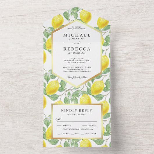 Botanischer Lemon Hochzeit im Grünen All In One Einladung (Innen Boden)