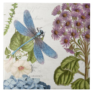 Botanischer Libellen-Wildblumen-Blatt Vintage 2 Fliese