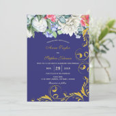 Botanischer lila Blue Pink Gold Wirbel Einladung (Stehend Vorderseite)