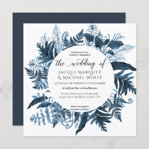 Botanischer Marine-Blau-Farn-Laub-Aquarell-Kranz Einladung